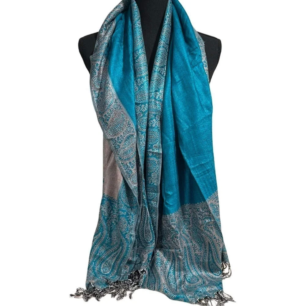 Elegant Large Shawl Wrap Double-sided Super Soft Quality Rayon Silver Aquamarine